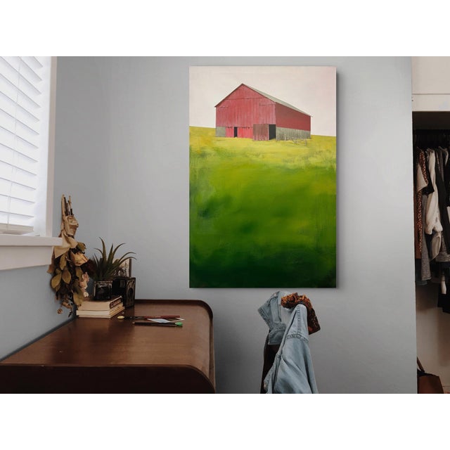 Green Summit County Barn by Justin Wheatley | Acrylic on Canvas Red Barn With Green Field For Sale - Image 8 of 10