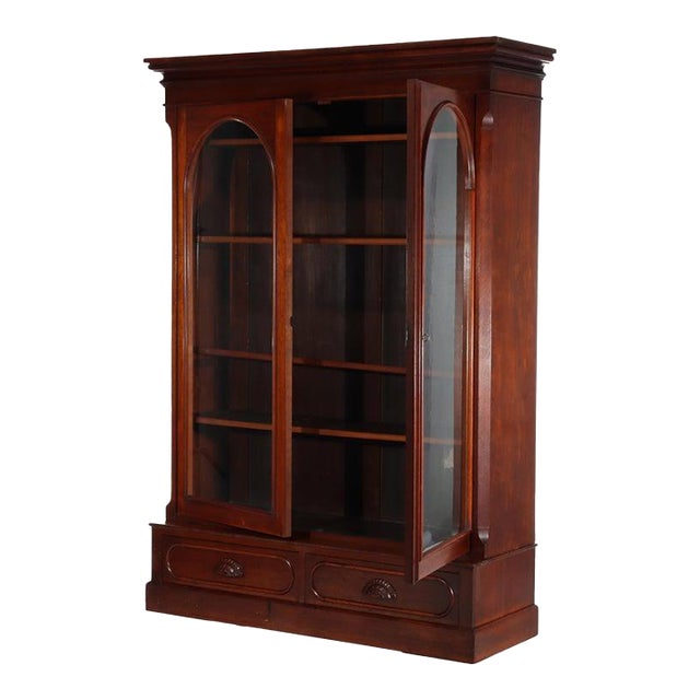 Oversized Antique Victorian 2-Door 2-Drawer Walnut Bookcase C1890 For Sale