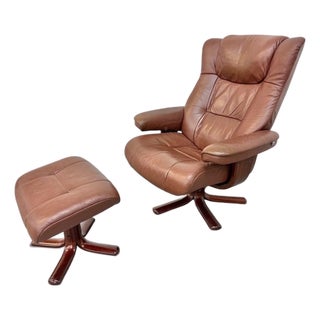 Vintage Norwegian Leather Lounge Chair & Ottoman For Sale