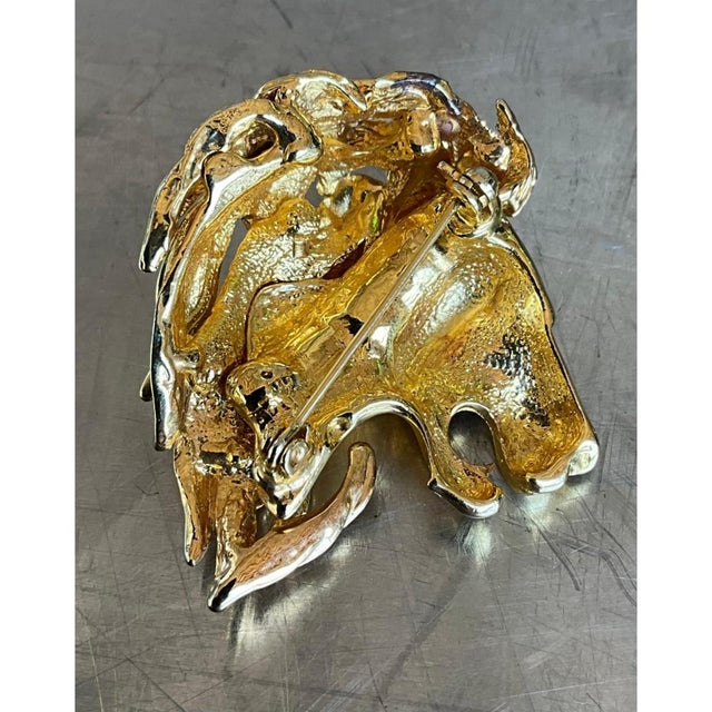 Vintage Lion's Head Gold Tone Brooch With Rhinestone Eye For Sale - Image 11 of 12