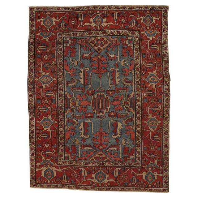 Antique Persian Serapi Carpet Handmade Wool Oriental Rug Rust, Ivory, Light Blue For Sale - Image 18 of 18