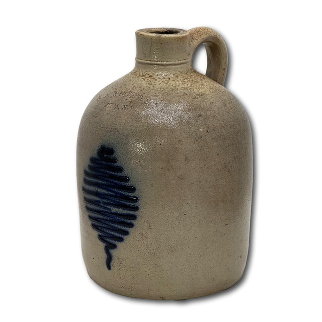 Ceramic Excellent Small 1 Gallon Antique American Blue Decorated Stoneware Spirts Jug by N. A. White & Son in Utica N. Y. 1870s For Sale - Image 7 of 18