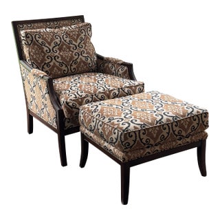 Modern Transitional Club Chair and Ottoman With Exposed Wood Frame For Sale