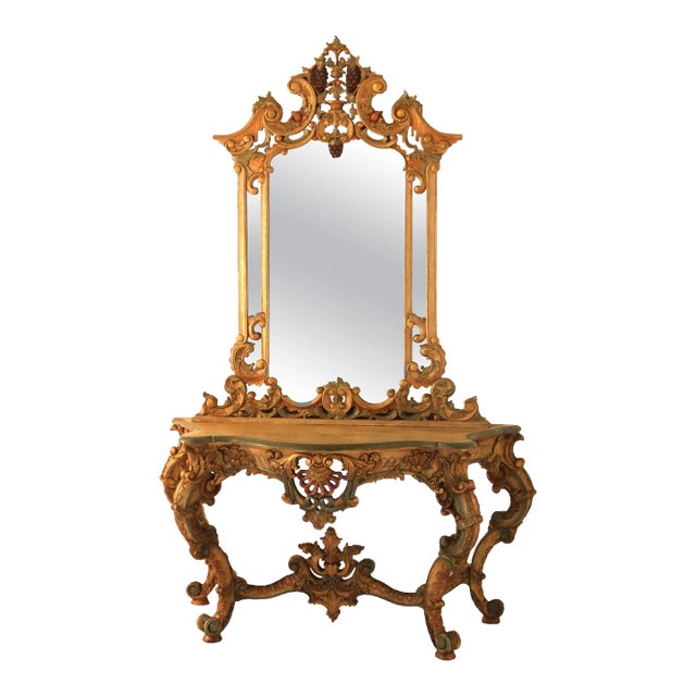 1940s French Louis XIV Style Ornately Scrolled Giltwood & Polychromed Console Set For Sale