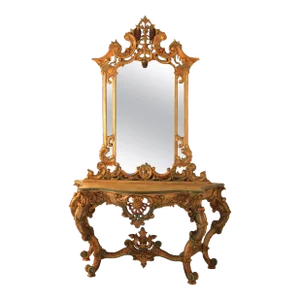 1940s French Louis XIV Style Ornately Scrolled Giltwood & Polychromed Console Set