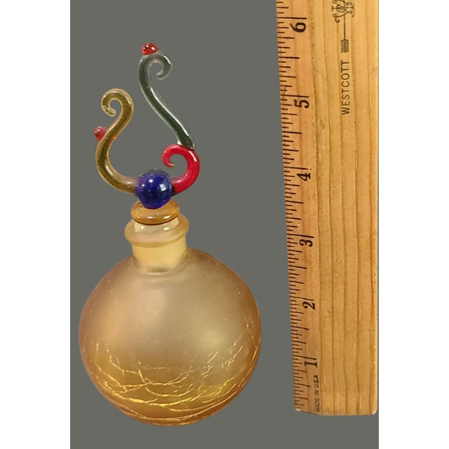 Vintage Art Studio Hand Blown Amber Crackle Glass Colorful Top Perfume Bottle For Sale - Image 4 of 6