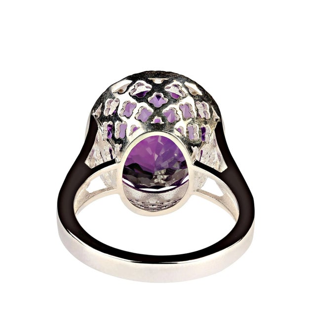 Traditional Cocktail Ring of Amethyst and Sparkling Zircons Size 8 For Sale - Image 3 of 4