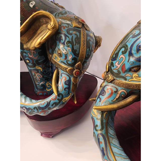 18th Century Important Pair Gilt Bronze and Cloisonne Elephant Altar Candle Holders For Sale - Image 4 of 13