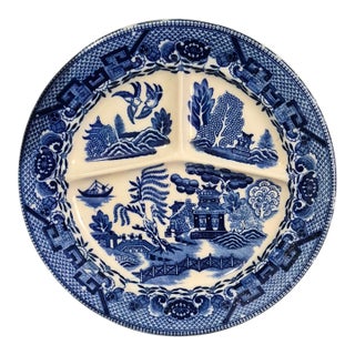Vintage Japanese Willow Divided Blue & White Plate For Sale