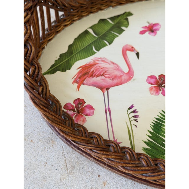 Boho Chic Vintage Coastal Rattan Flamingo Tray With Custom Decoupage Appliqué For Sale - Image 3 of 11