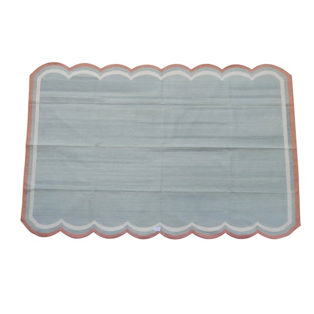 Textile Handmade Cotton Scalloped Rug, Grey with Cream and Terra Cotta Border 8'x10' For Sale - Image 7 of 8