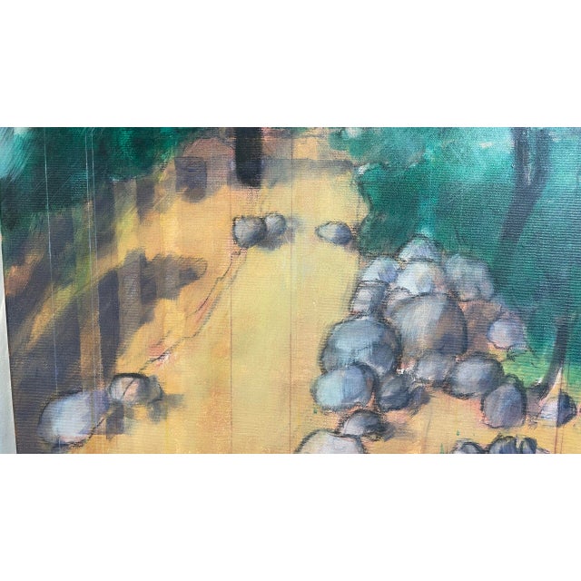 A vibrant and atmospheric landscape where rocks, trees, and distant forms dissolve into a softly abstract world. Rich...