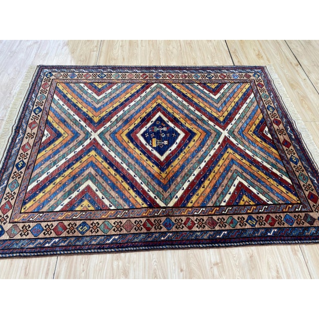 Fine Afghan Kazak Style Rainbow Sunburst Wool Rug 5x7 For Sale - Image 11 of 13