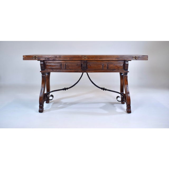 20th Century Spanish Fold Out Dining and Console Table With Iron Stretcher and Two Drawers For Sale - Image 9 of 17