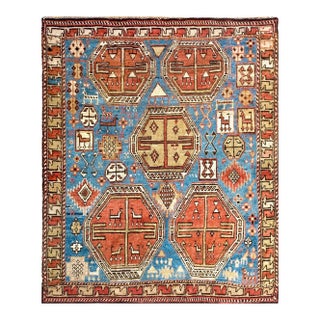1900s Sky Blue Medallion Tribal Hand Knotted Antique Caucasian Moghan Rug 4'2" X 4'4" Wool Carpet For Sale