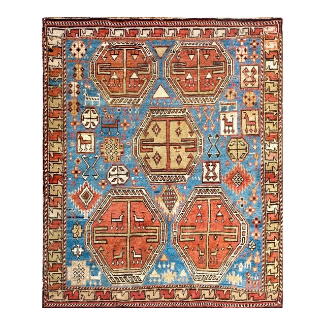 1900s Sky Blue Medallion Tribal Hand Knotted Antique Caucasian Moghan Rug 4'2" X 4'4" Wool Carpet For Sale