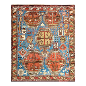1900s Sky Blue Medallion Tribal Hand Knotted Antique Caucasian Moghan Rug 4'2" X 4'4" Wool Carpet