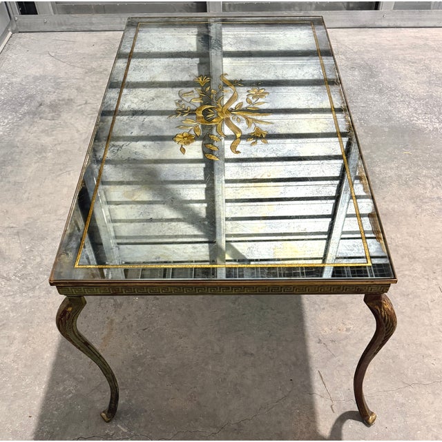 Mid 20th Century Mid 20th Century French Bronze, Iron and Églomisé Glass Coffee Table With Greek Key Frieze For Sale - Image 5 of 8