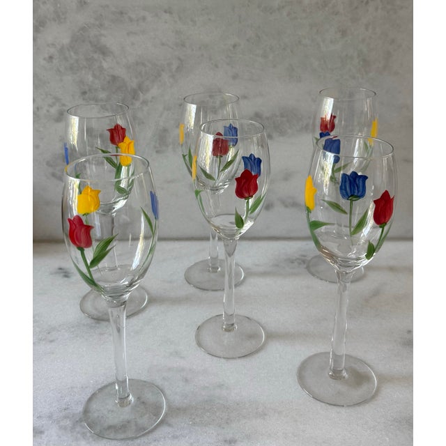 Shabby Chic Set of 6 Wine Glasses With Hand Painted Tulips For Sale - Image 3 of 8