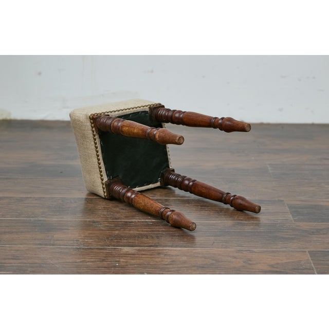 19th Century English Petite Oak Stool with Unique Top and Linen Upholstery For Sale In Atlanta - Image 6 of 9