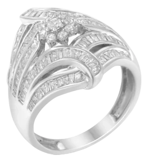 .925 Sterling Silver 1-1/8 Cttw Round & Baguette Diamond 'Flower & Fern' Cluster Cocktail Fashion Ring (I-J Color, I2-I3 Clarity) - Size 8