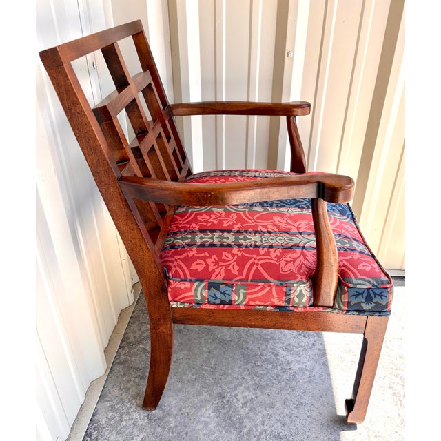1970s 1970s Chinese Chippendale Ming Mahogany Upholstered Fretwork Wood Armchairs, a Pair For Sale - Image 5 of 11