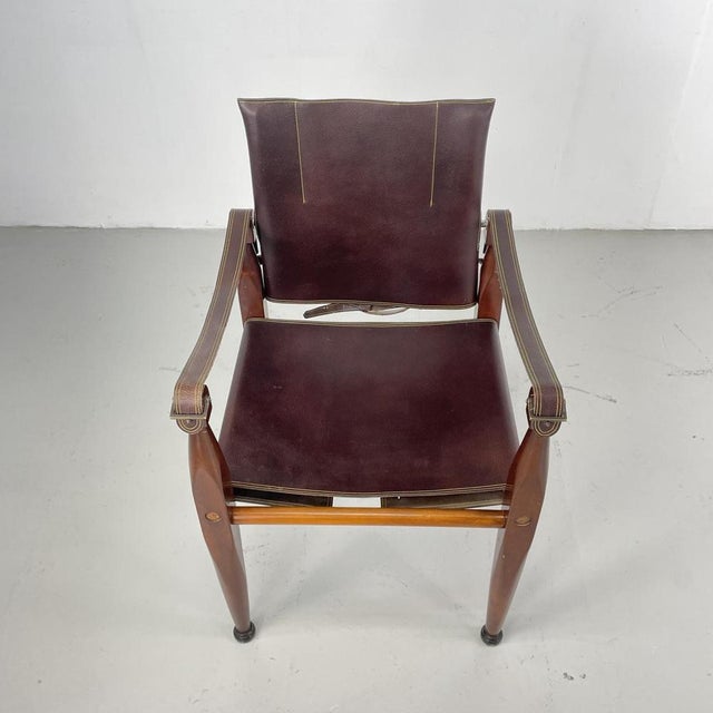 French Teak and Brown Leather Safari Chair, 1930s For Sale - Image 3 of 11