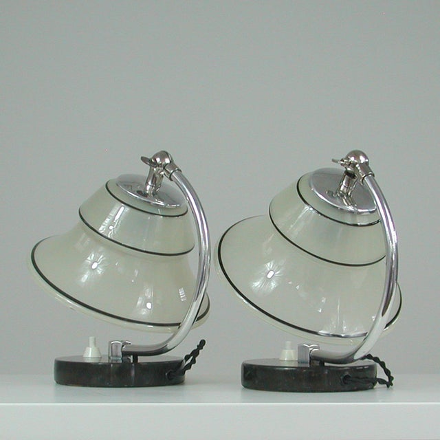 German Art Deco Enameled Satin Glass, Marble and Aluminum Table Lamps, 1930s, Set of 2 For Sale - Image 10 of 18