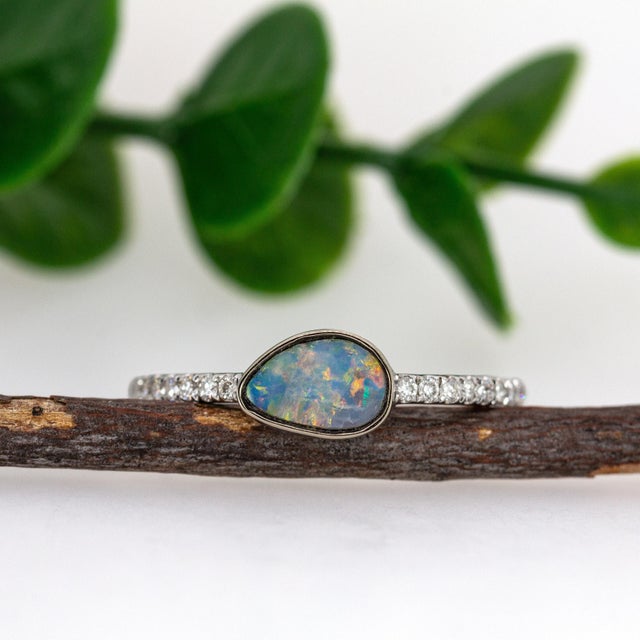 Modern Australian Boulder Opal Ring With Diamond Pave Shank in 14k Solid Gold, Size 6.75 For Sale - Image 3 of 7