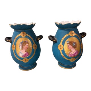 Pair of Antique Old Paris Porcelain Maiden Portrait Handled 5.25" Vases For Sale