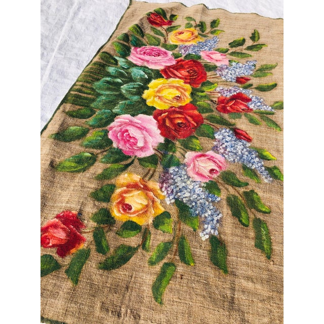 Vintage Hand painted (Roses) Over Coarse Juth 35.5"L X 19.5"W, It is not signed Excellent condition,