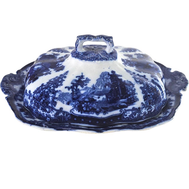 Blue Antique W. Adams Fairy Villas Flow Blue Covered Serving Dish 13.5" For Sale - Image 8 of 15