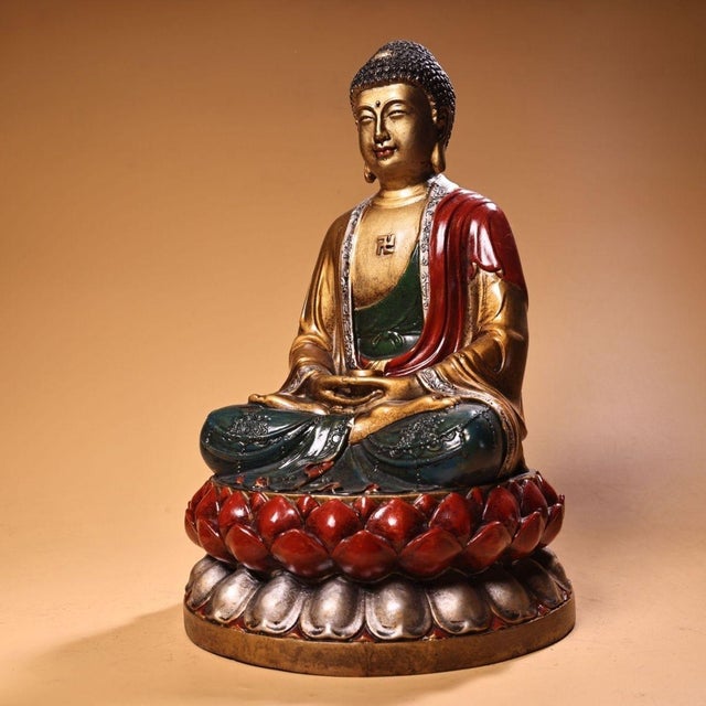 1970s Vintage Painted Copper Buddha Statue on Double Lotus Base For Sale - Image 5 of 10