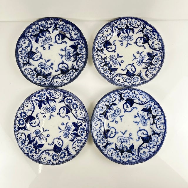 19th Century Blue Earthenware Flora Dessert Plates from Creil and Montereau, Set of 4 For Sale - Image 9 of 9