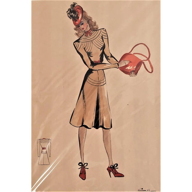 Matted Large Original Mid-Century French Couture Sport Fashion Drawing For Sale In New York - Image 6 of 6