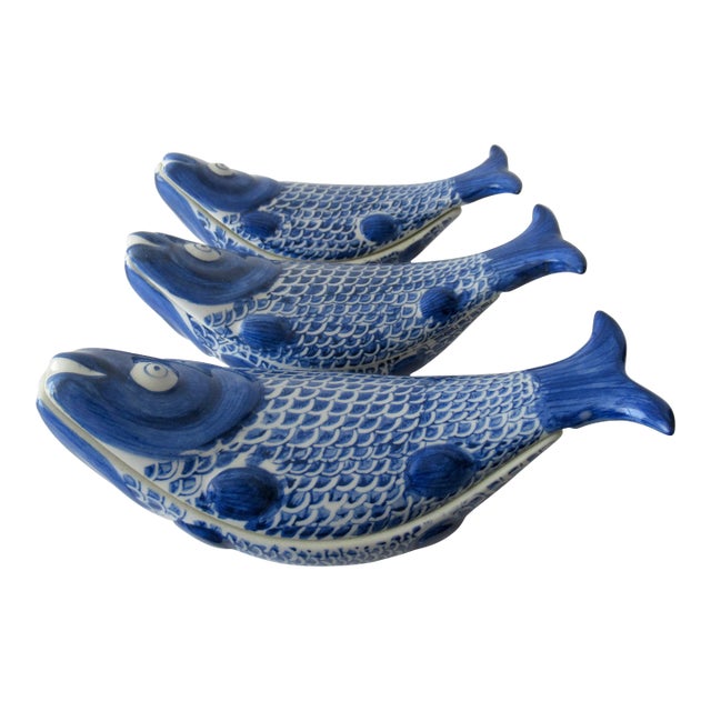 Vintage C.1998 Asian (Seymour Mann) Blue & White Blanc De Chin Koi Fish Lidded Serving Dishes - 3 Sets For Sale