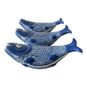 Vintage C.1998 Asian (Seymour Mann) Blue & White Blanc De Chin Koi Fish Lidded Serving Dishes - 3 Sets