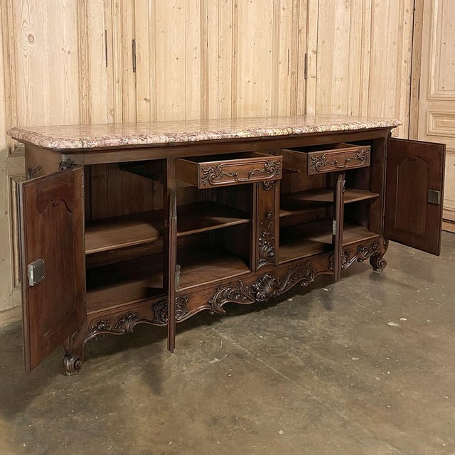 Wood Grand Antique French Walnut Louis XIV Marble Top Buffet ~ Sideboard For Sale - Image 7 of 18