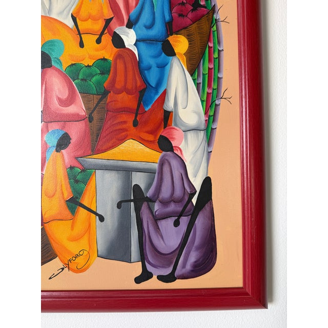 Red Vintage Haitian Still Life Market Scene Oil on Canvas Painting – Framed For Sale - Image 8 of 11