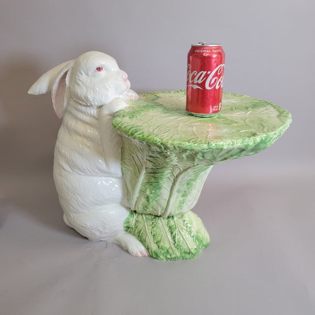 Traditional Italian Porcelain Rabbit Sculptural Accent Table Stand With Lettuce Cabbage Leaf Top, C. 1970s For Sale - Image 3 of 16