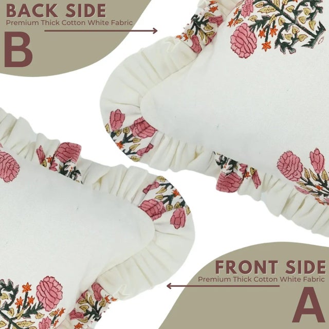 Not Yet Made - Made To Order Fabdivine Artisan Block Print Throw Frill Pillow Cover Pink 26x26 Inch Thick Cotton White- Swadesh For Sale - Image 5 of 5