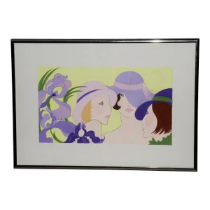 "Gossips" Joanne Batiste 1962 Art Deco Figurative Gouache Painting on Board, Framed