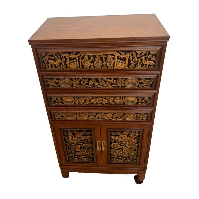 1970s Mid Century Chinese Cabinet, Silverware Storage, Three Drawer's Hand Carved For Sale - Image 4 of 17