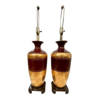 Vintage Pair Ceramic Chocolate, Brown Gold Embossed Vase Lamps 32” For Sale