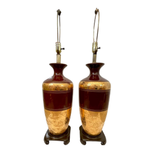 Vintage Pair Ceramic Chocolate, Brown Gold Embossed Vase Lamps 32”