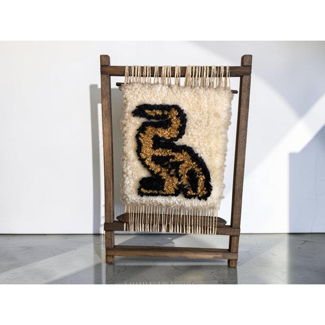 Vintage Mid-Century Woven Fiber Art Stylized Animal Motif Wall Hanging on Wood Frame For Sale - Image 4 of 12