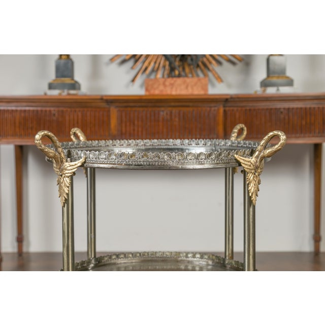 Vintage Italian Steel and Bronze Circular Side Table with Swan Necks and Doors For Sale - Image 10 of 12
