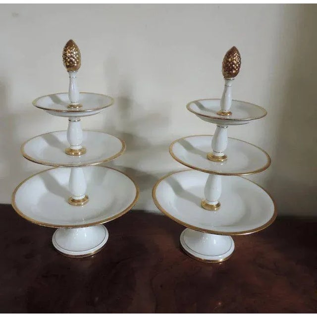 19th Century Early 19th Century French Empire Old Paris Porcelain White & Gold Edouard Honore Three Tier Dessert Tazza Hors d’oeuvres Stand - A Pair For Sale - Image 5 of 11