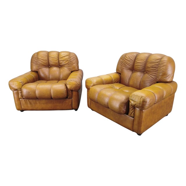 Mid-Century Italian Cognac Leather Lounge Armchairs, 1970s, Set of 2 For Sale