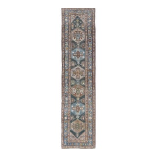 Antique Persian Hamadan Runner With Angular Medallion Design in Soft Blue, Green For Sale